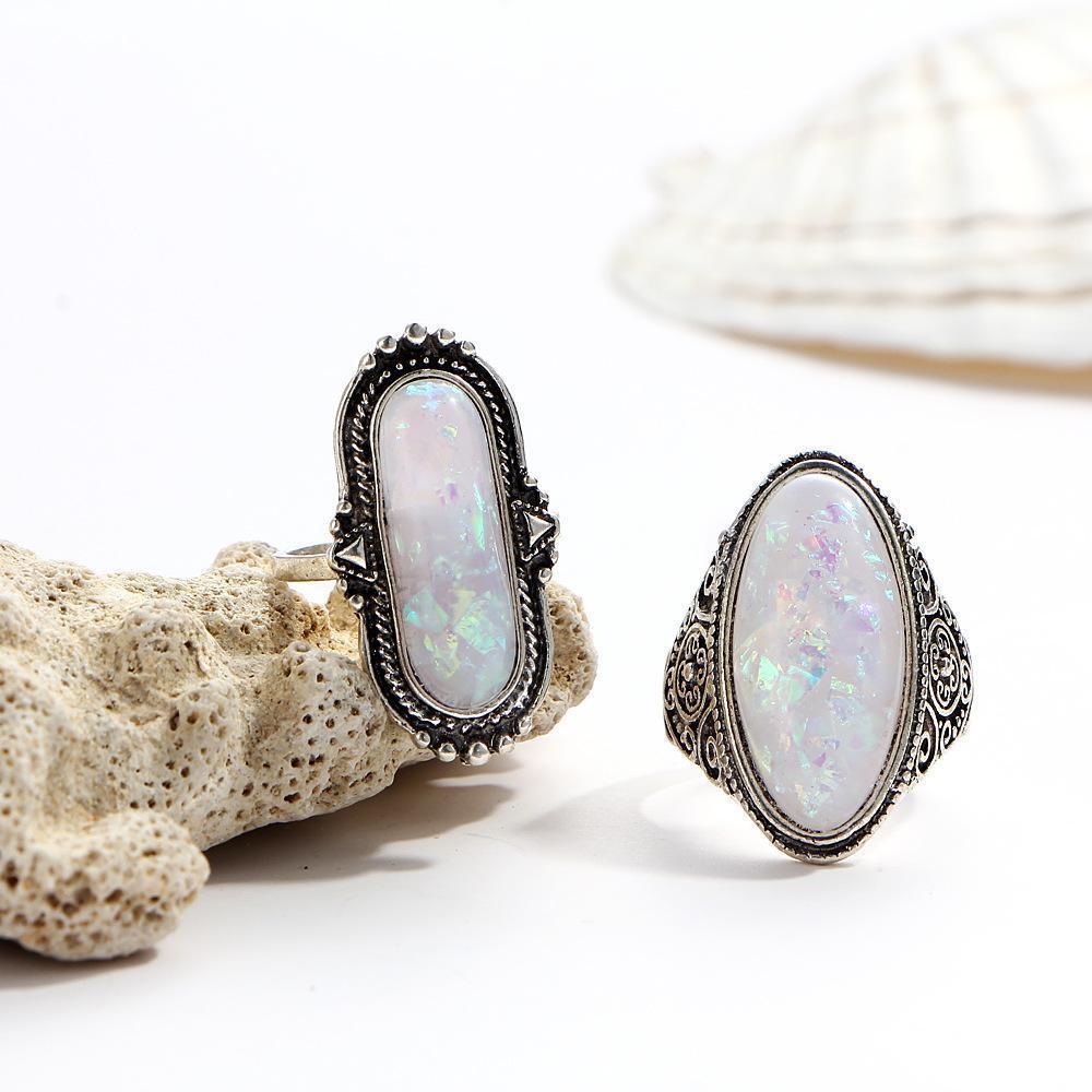 8 Piece Opal Created Oxidized Ring Set With Austrian Crystals 18K White Gold Plated Ring ITALY Design Elsy Style Ring