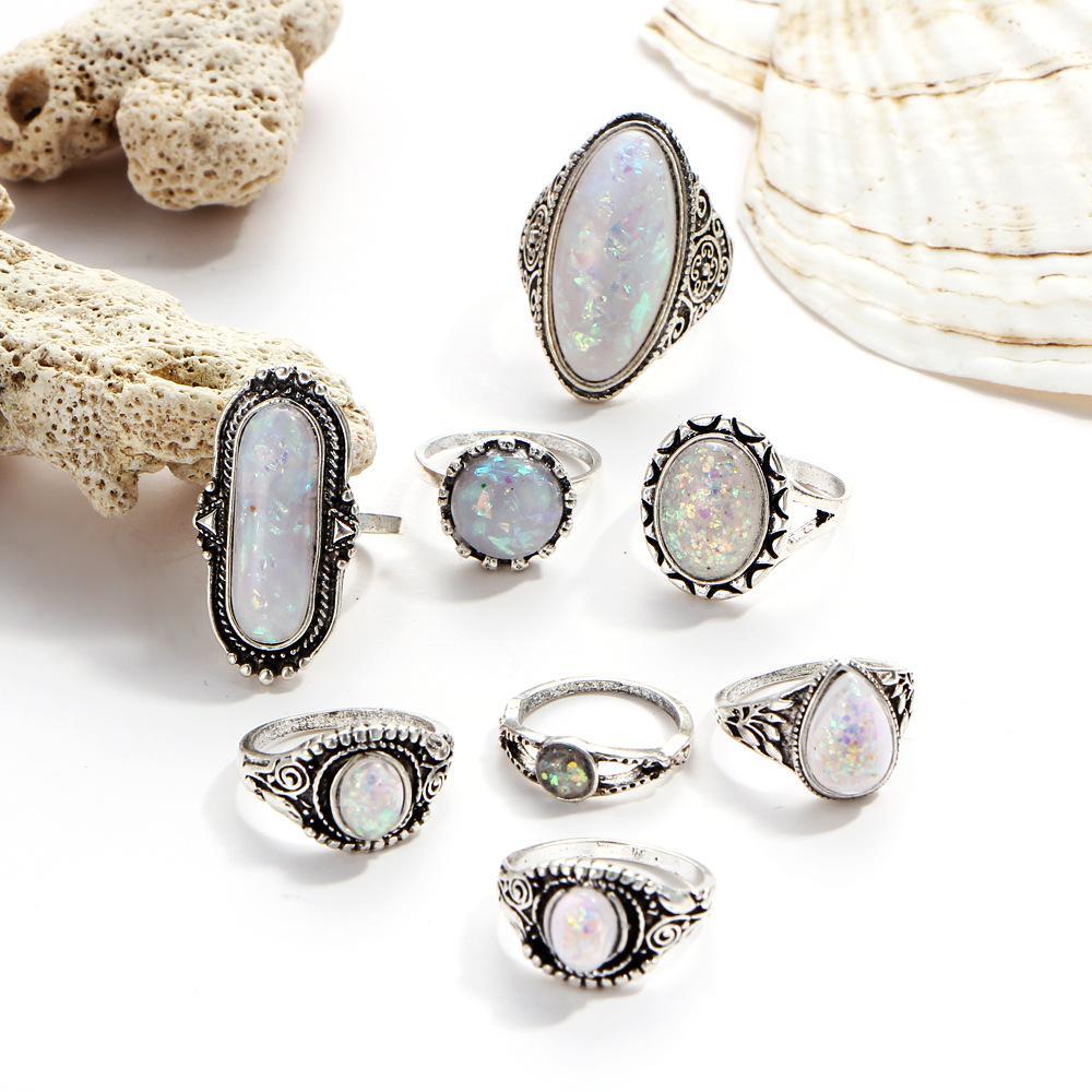 8 Piece Opal Created Oxidized Ring Set With Austrian Crystals 18K White Gold Plated Ring ITALY Design Elsy Style Ring