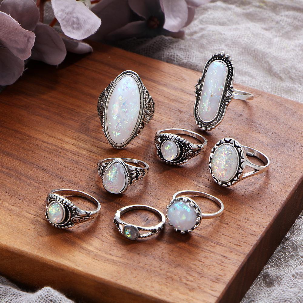 8 Piece Opal Created Oxidized Ring Set With Austrian Crystals 18K White Gold Plated Ring in 18K White Gold Plated ITALY Design Elsy Style Ring