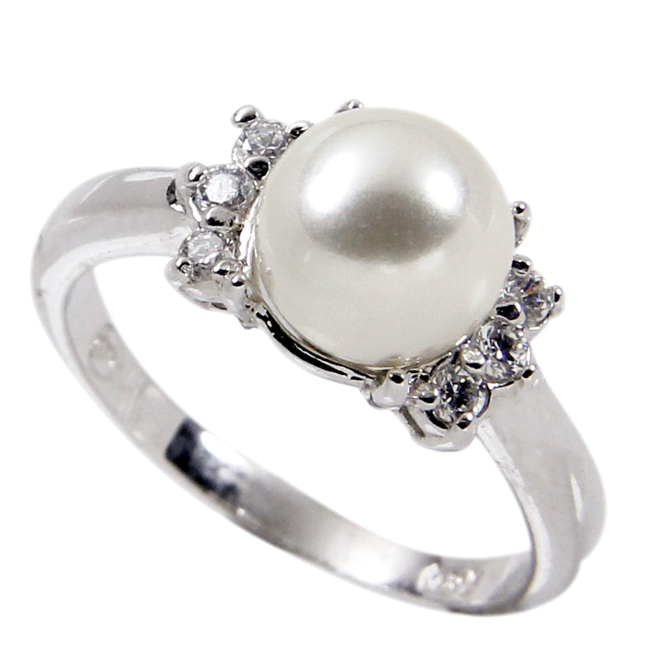 8 mm Sterling Three Round Clear Stones Glass Base Pearl Ring Elsy Style Ring