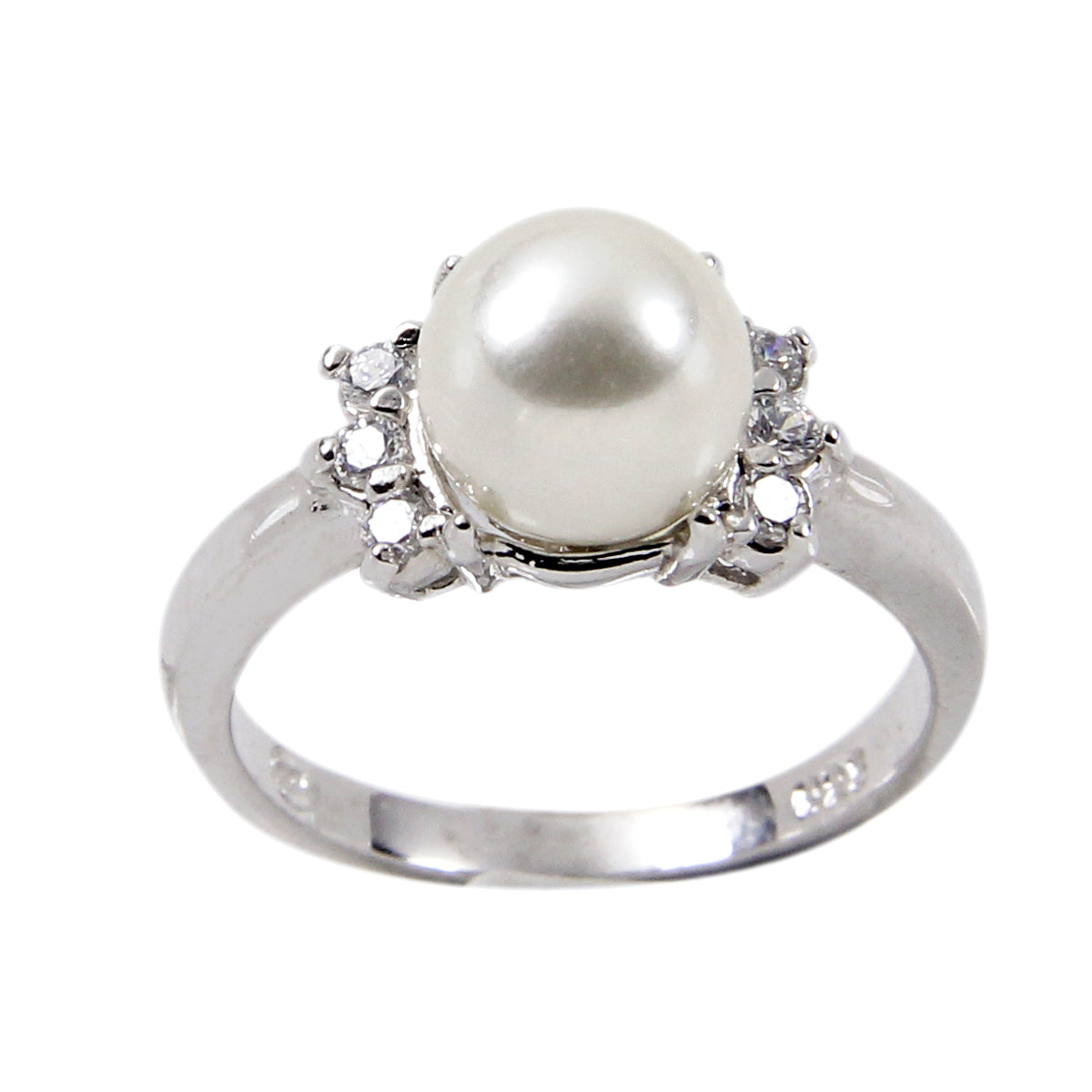 8 mm Sterling Three Round Clear Stones Glass Base Pearl Ring Elsy Style Ring