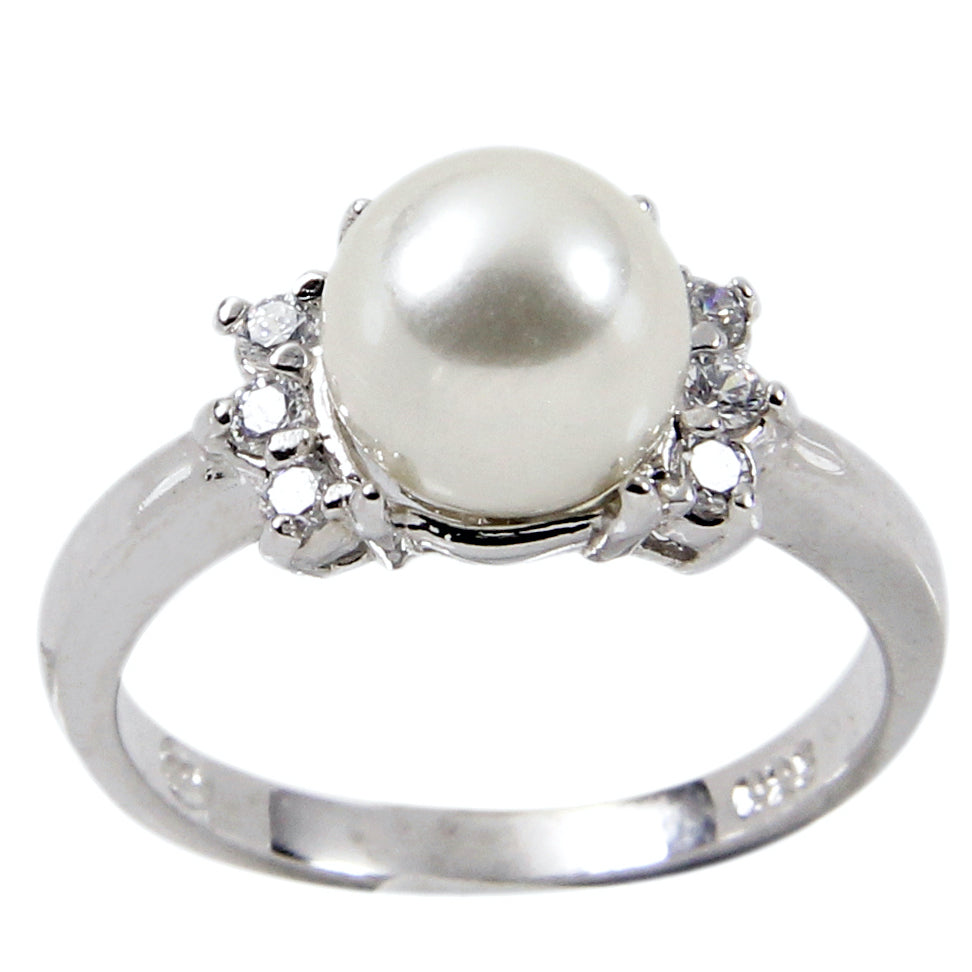 8 mm Sterling Three Round Clear Stones Glass Base Pearl Ring Elsy Style Ring