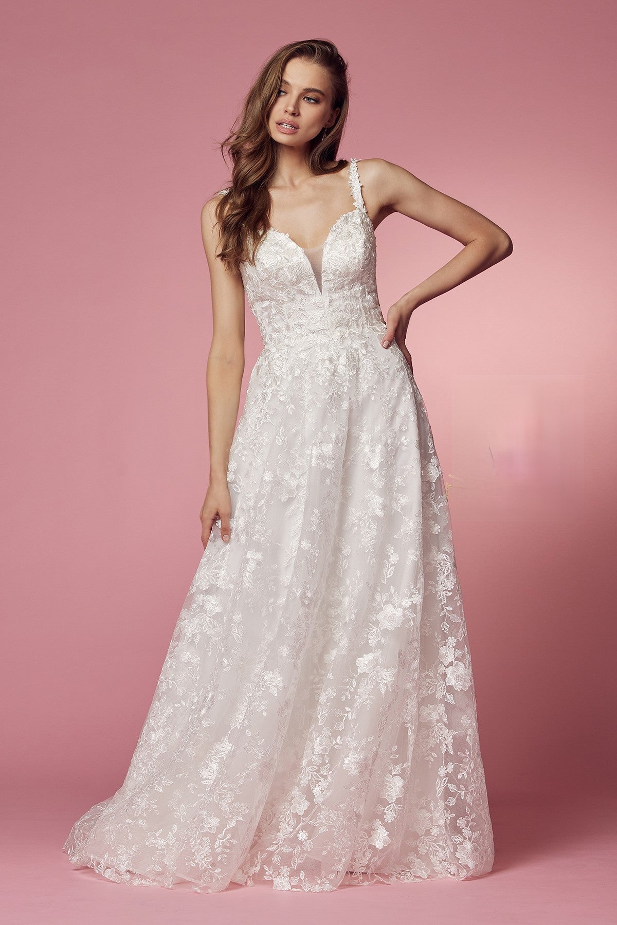 A-Line Embroidered Lace A-Line Long Wedding Dress NXJE922 Elsy Style Wedding Dress