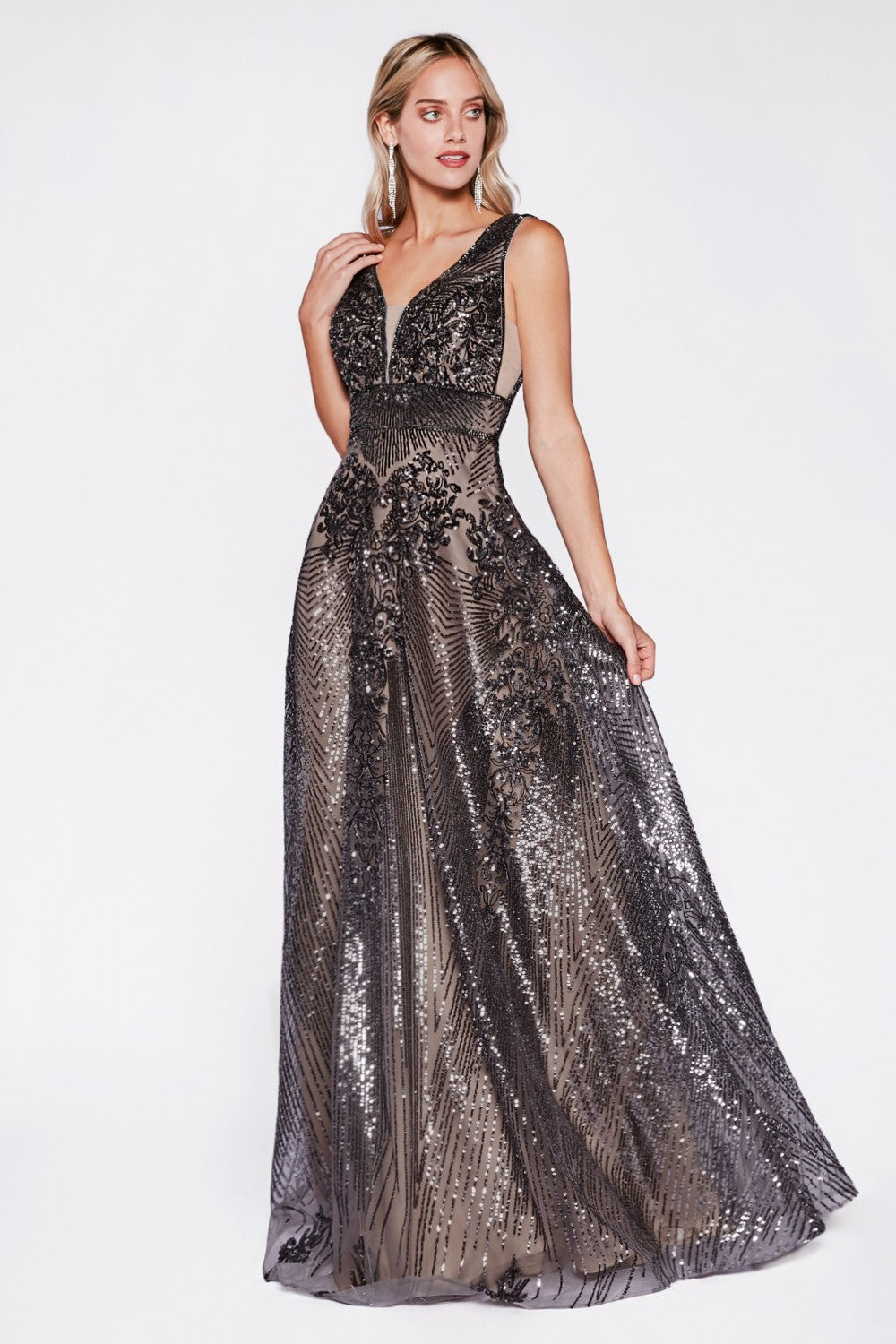 A-line Sequin Embellished Prom & Bridesmaid Evening Gown Geometric Pattern Gala Dress Fitted V-neck Pointy Open Back Bodice CDCD09 Elsy Style Prom Dresses