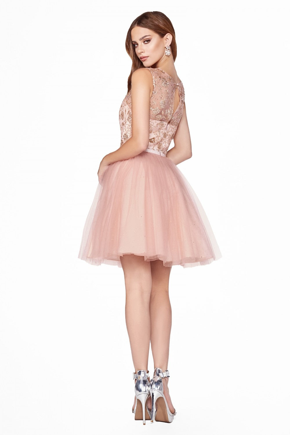 A-line Short Dress Glitter detailed Bodice and Illusion Neckline Mini Cocktail & Semi Formal Gown Layered Tulle A-Line Skirt CDCD20 Elsy Style Cocktail Dress