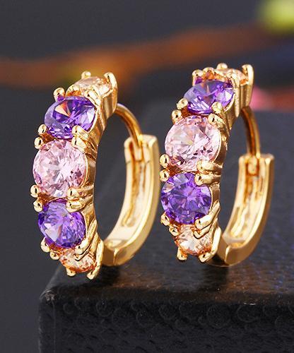 Amethyst Multistone Huggie Earring With Austrian Crystals 18K Gold Plated Earring in 18K Gold Plated ITALY Design Elsy Style Earring