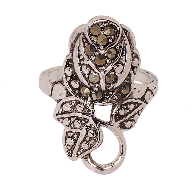 Antique Style Silvertone Rosebud Genuine Marcasite Elsy Style Ring