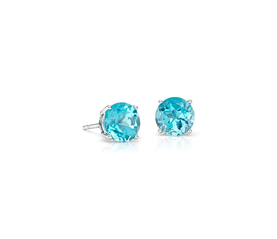 Aquamarine  Crystal 6mm Stud Earring 14K White Gold Plated - 1.00 CT Elsy Style Earring