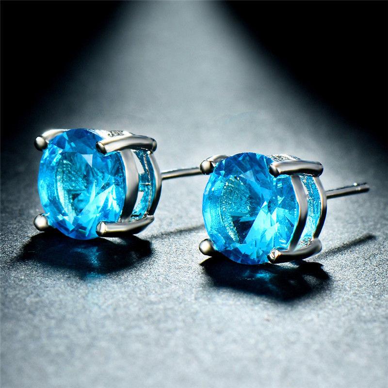 Aquamarine  Crystal 6mm Stud Earring 14K White Gold Plated - 1.00 CT Elsy Style Earring