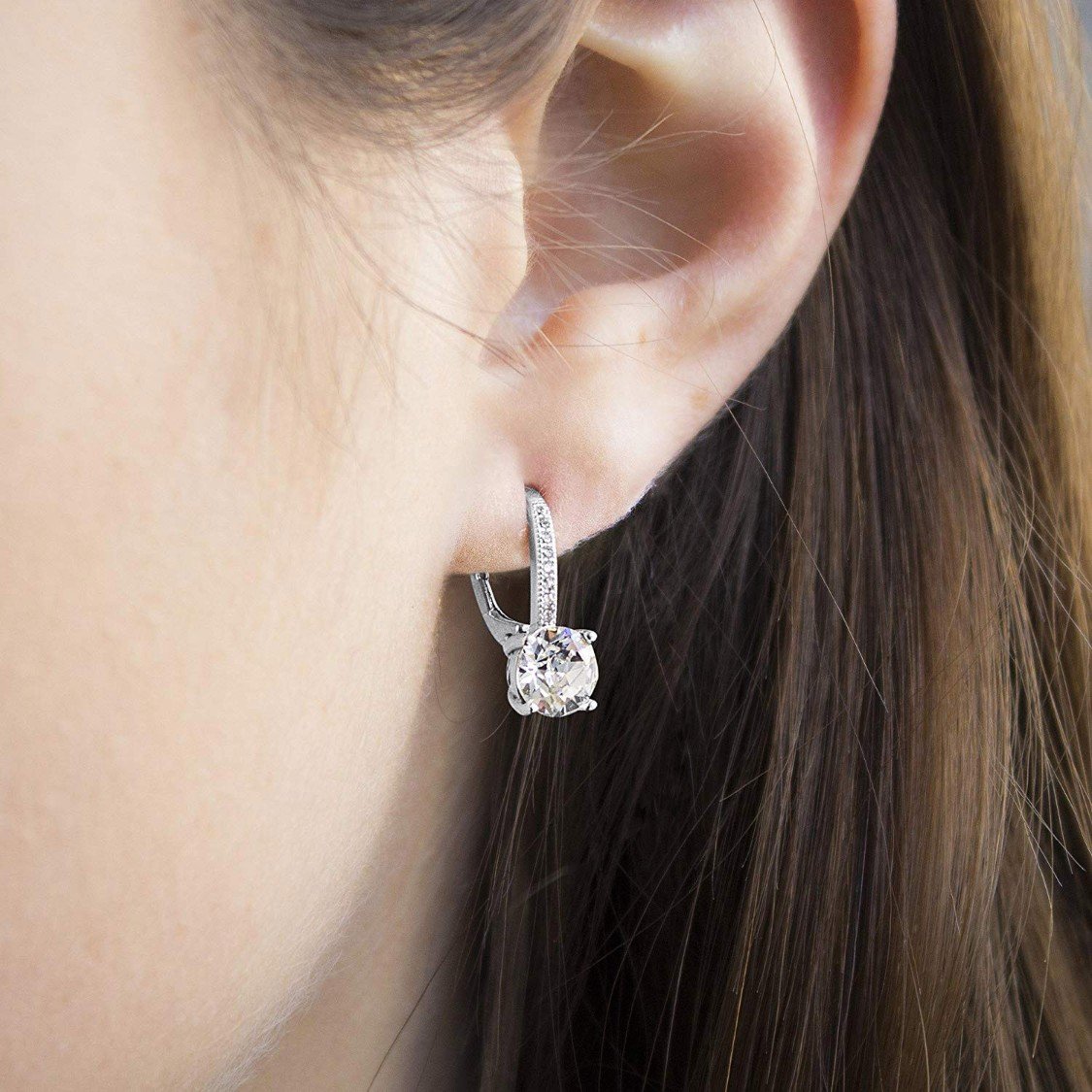 Asscher Cut  Elements Pav'e Leverback Earrings in 14K White Gold Elsy Style Earring