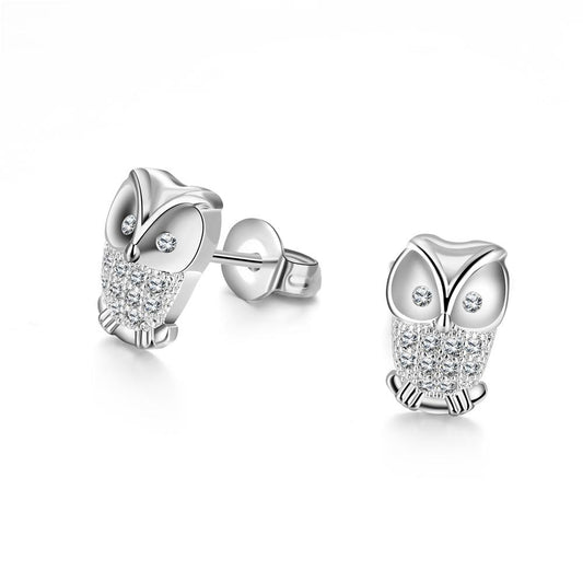 Austrian Elements Pav'e Owl Studs in 18K White Gold ITALY Design Elsy Style Earring