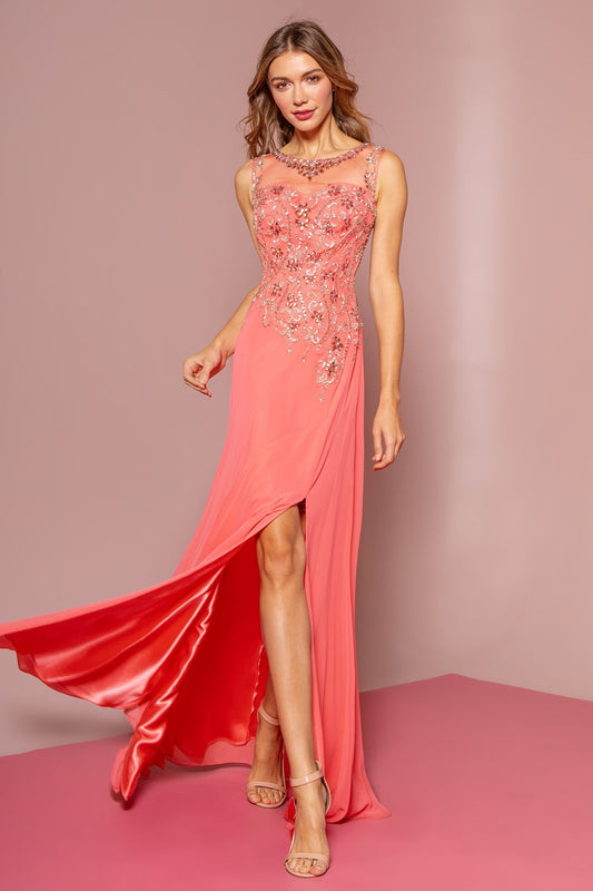 Beaded Chiffon Floor Length Dress with Sheer Neckline and Side Slit GLGL2118 Elsy Style PROM