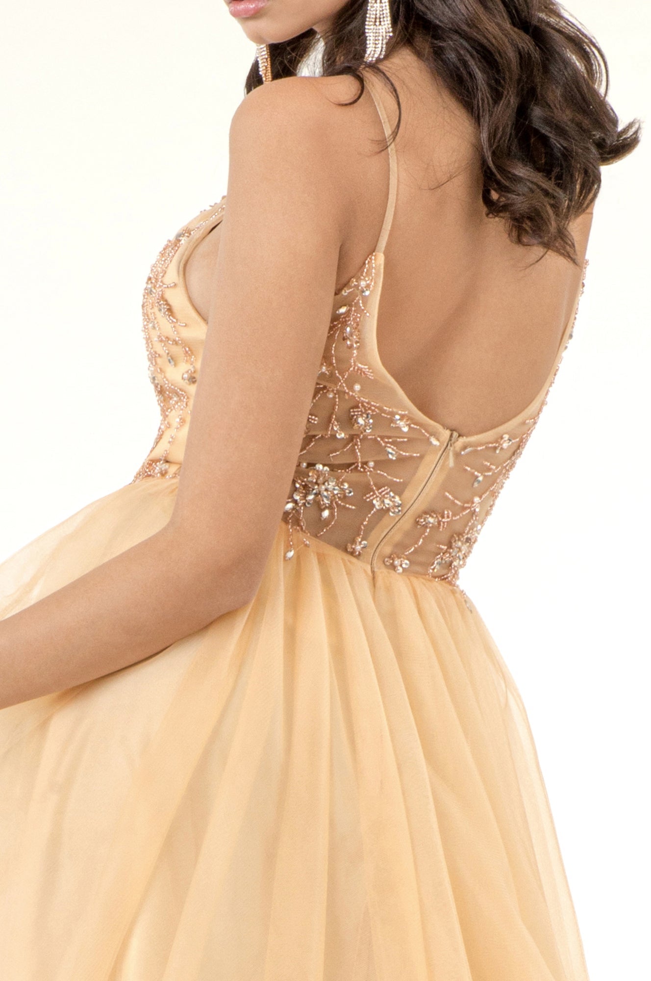 Beads Embellished Bodice V-Neck Mesh A-Line Prom Dress Sheer Back - Mask Not Included
 GLGL2983 Elsy Style GALA