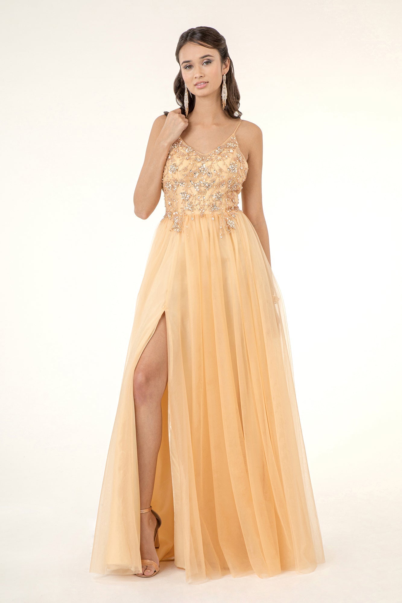 Beads Embellished Bodice V-Neck Mesh A-Line Prom Dress Sheer Back - Mask Not Included
 GLGL2983 Elsy Style GALA