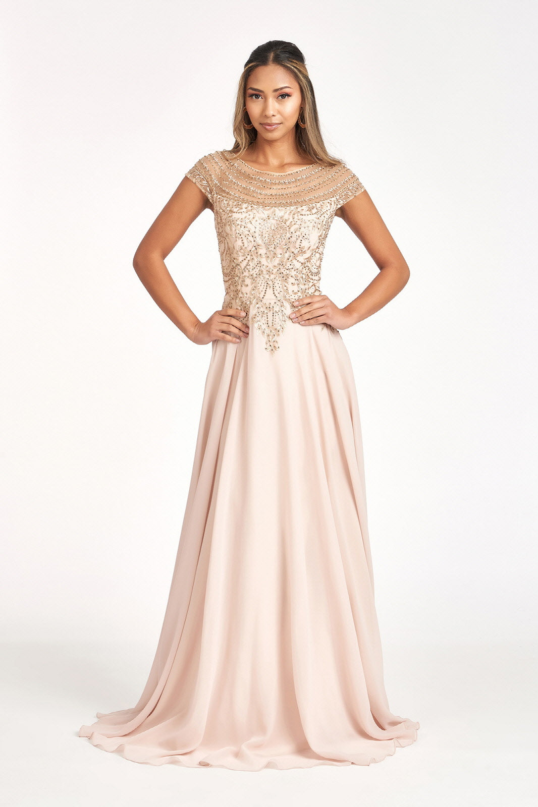 Beads Embellished Chiffon A-line Dress Cap Sleeves GLGL3065 Elsy Style MOTHER OF BRIDE