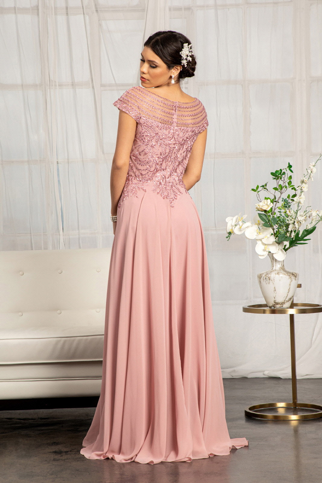 Beads Embellished Chiffon A-line Dress Cap Sleeves GLGL3065 Elsy Style MOTHER OF BRIDE