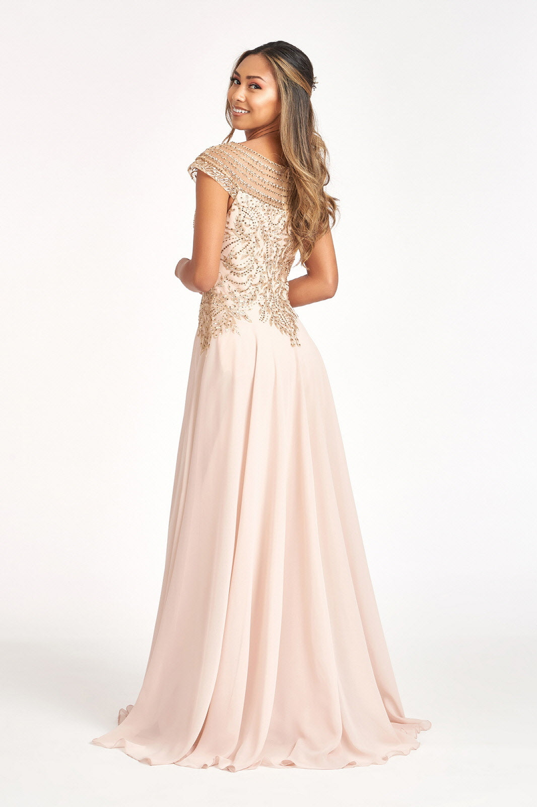 Beads Embellished Chiffon A-line Dress Cap Sleeves GLGL3065 Elsy Style MOTHER OF BRIDE