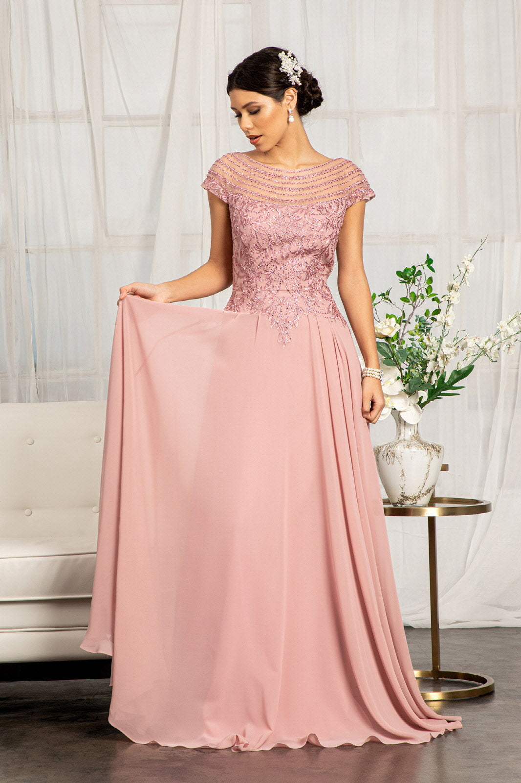 Beads Embellished Chiffon A-line Dress Cap Sleeves GLGL3065 Elsy Style MOTHER OF BRIDE