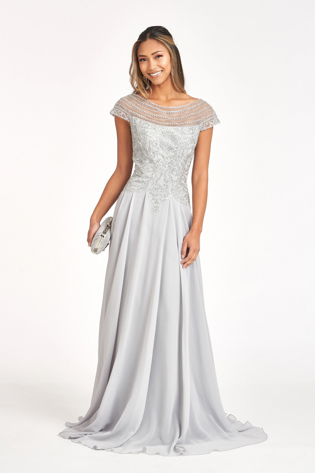 Beads Embellished Chiffon A-line Dress Cap Sleeves GLGL3065 Elsy Style MOTHER OF BRIDE