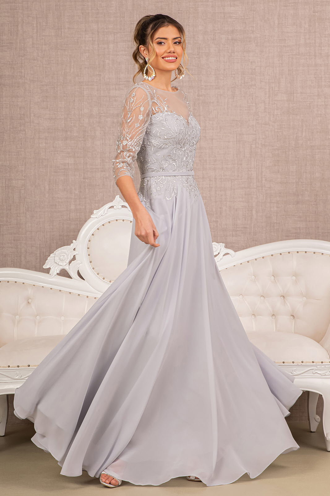 Beads Embellished Embroidered Chiffon A-line Dress 3/4 Sleeves GLGL3066 Elsy Style MOTHER OF BRIDE