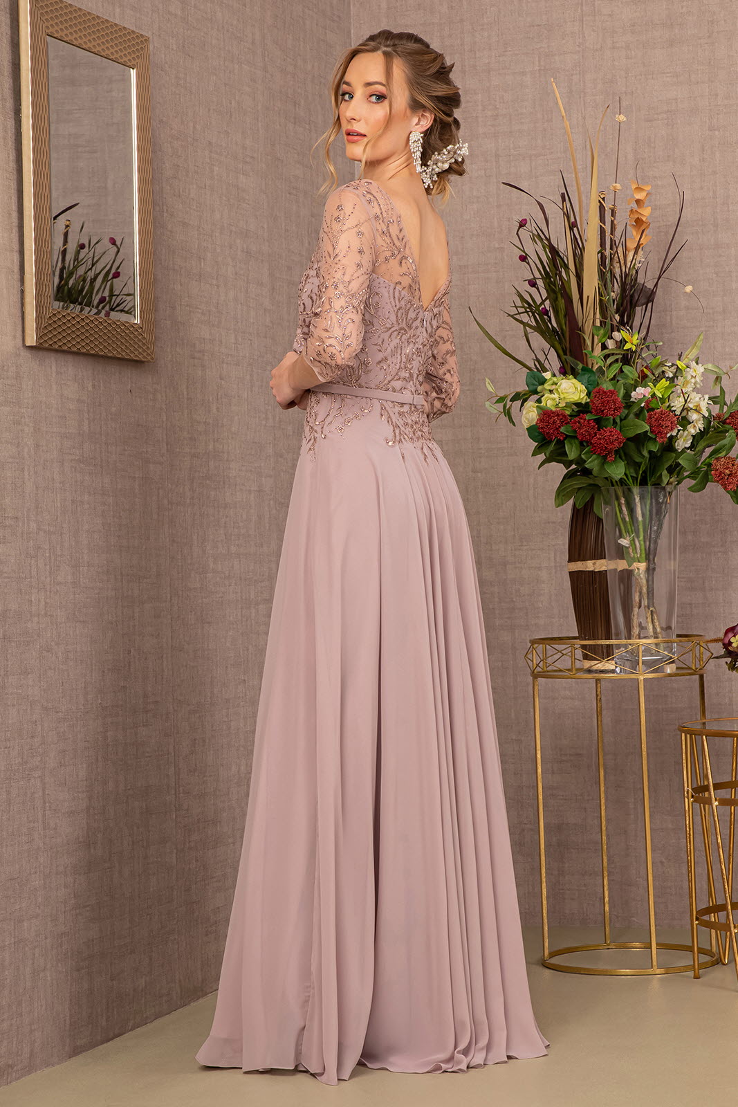 Beads Embellished Embroidered Chiffon A-line Dress 3/4 Sleeves GLGL3066 Elsy Style MOTHER OF BRIDE