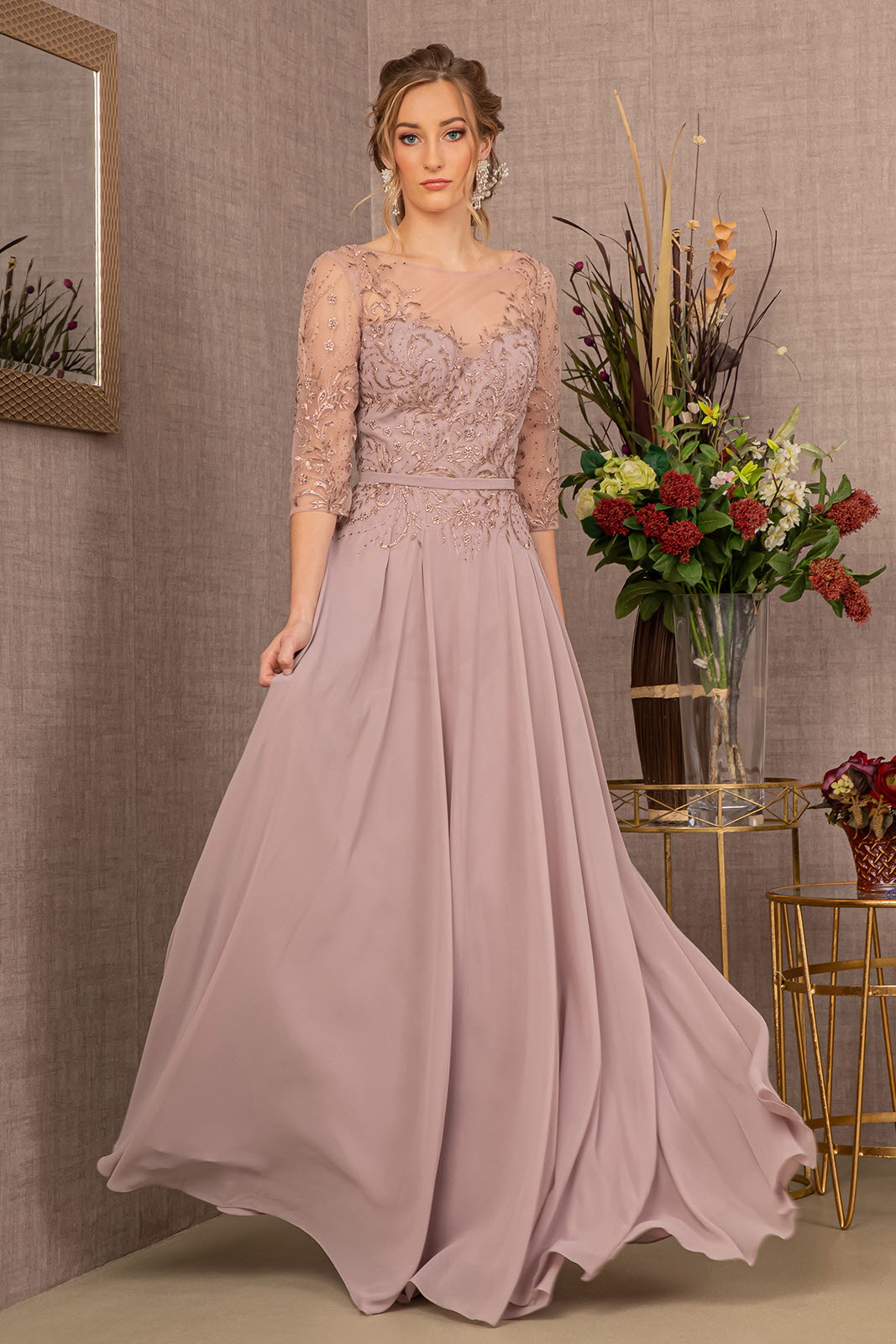 Beads Embellished Embroidered Chiffon A-line Dress 3/4 Sleeves GLGL3066 Elsy Style MOTHER OF BRIDE