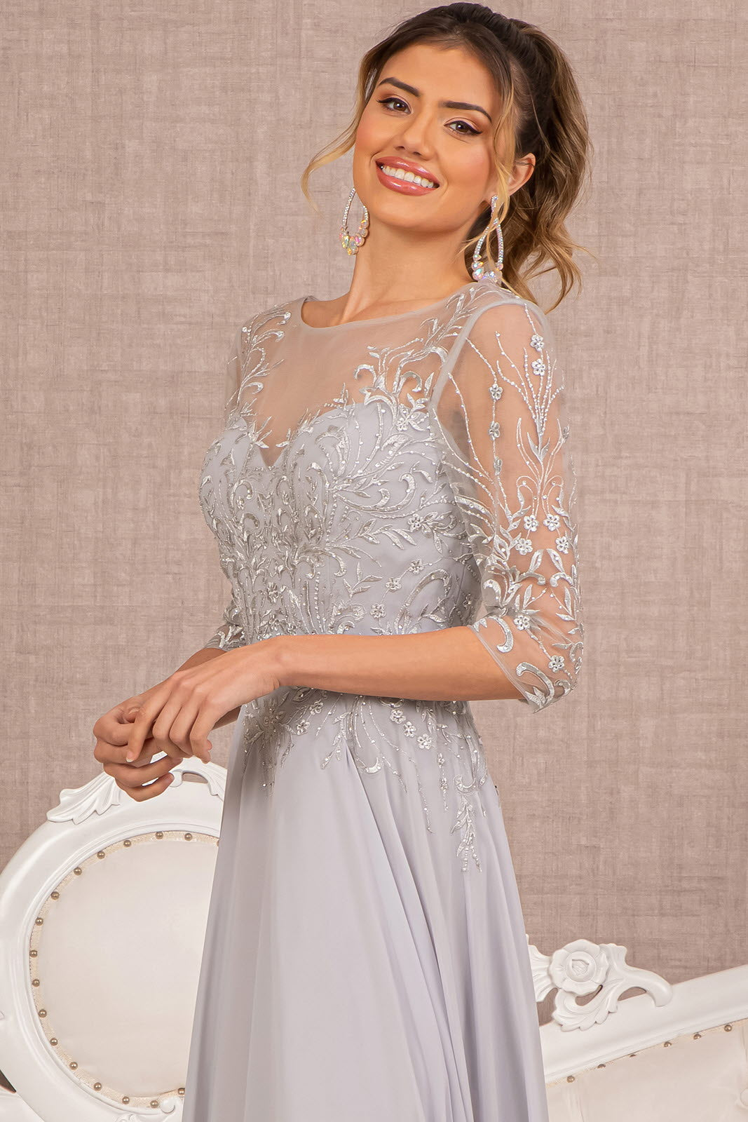 Beads Embellished Embroidered Chiffon A-line Dress 3/4 Sleeves GLGL3066 Elsy Style MOTHER OF BRIDE