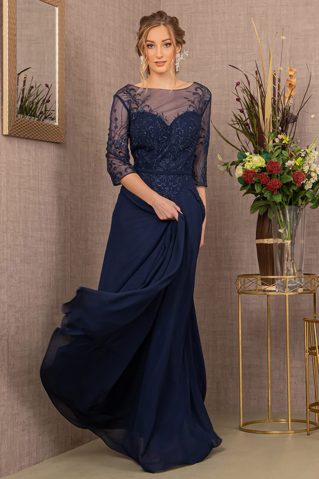 Beads Embellished Embroidered Chiffon A-line Dress 3/4 Sleeves GLGL3066 Elsy Style MOTHER OF BRIDE