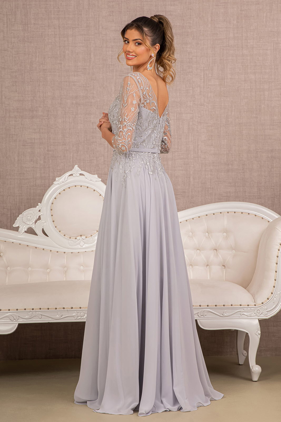 Beads Embellished Embroidered Chiffon A-line Dress 3/4 Sleeves GLGL3066 Elsy Style MOTHER OF BRIDE