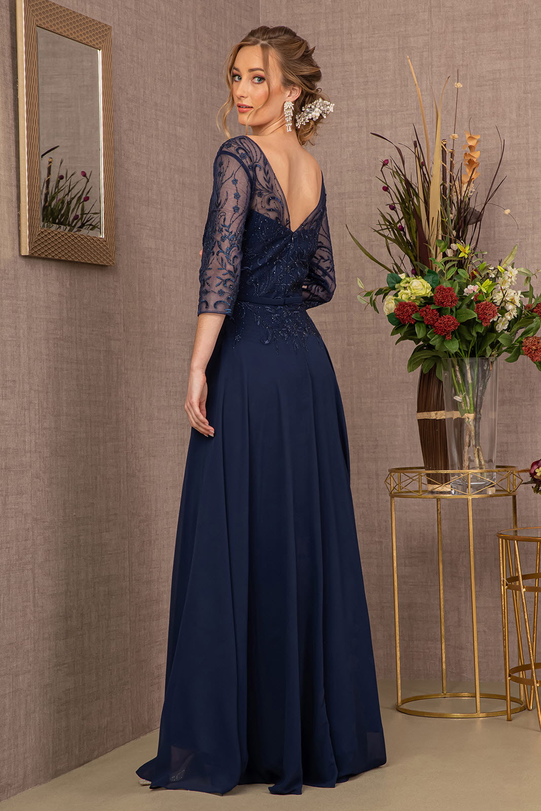 Beads Embellished Embroidered Chiffon A-line Dress 3/4 Sleeves GLGL3066 Elsy Style MOTHER OF BRIDE