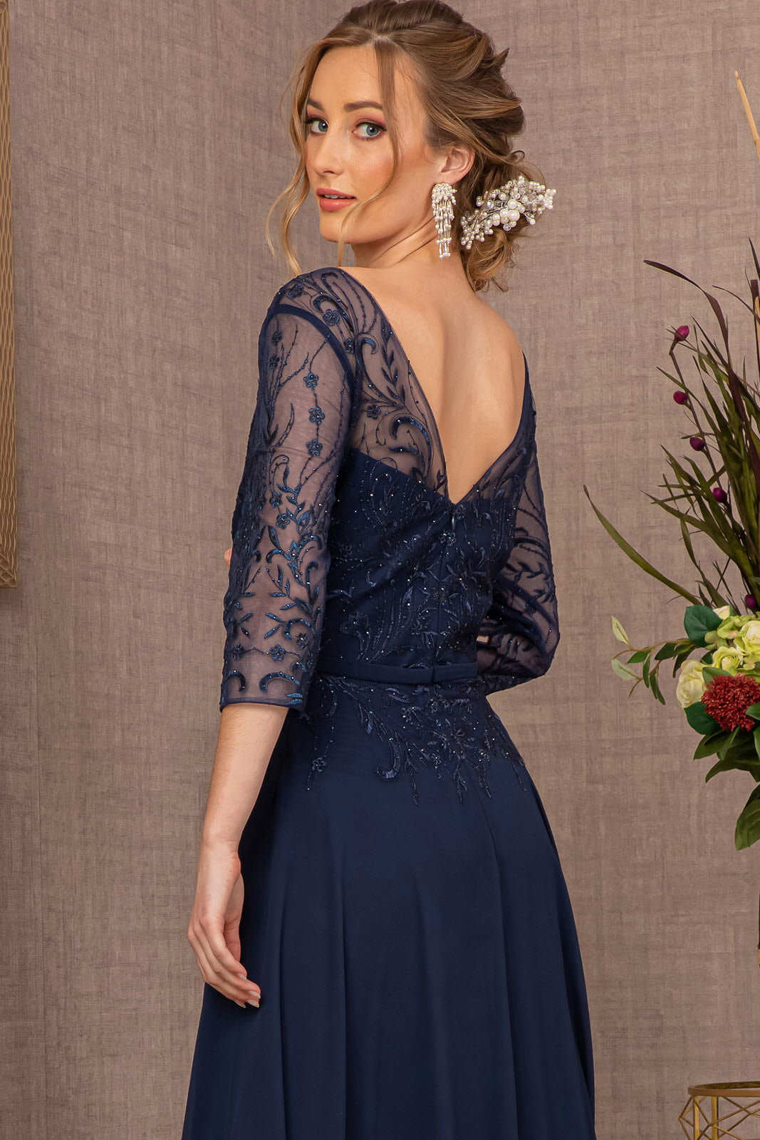 Beads Embellished Embroidered Chiffon A-line Dress 3/4 Sleeves GLGL3066 Elsy Style MOTHER OF BRIDE