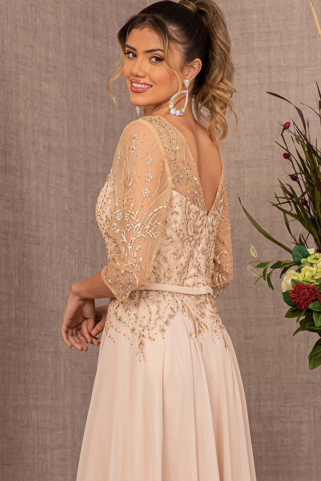 Beads Embellished Embroidered Chiffon A-line Dress 3/4 Sleeves GLGL3066 Elsy Style MOTHER OF BRIDE