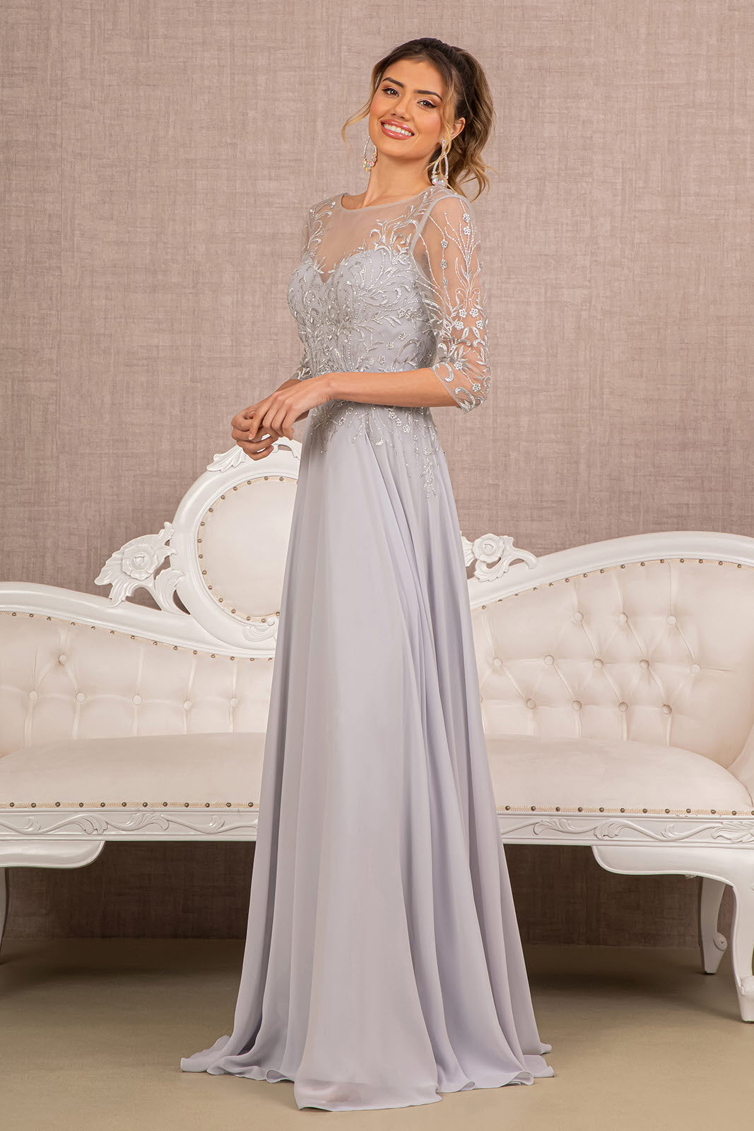 Beads Embellished Embroidered Chiffon A-line Dress 3/4 Sleeves GLGL3066 Elsy Style MOTHER OF BRIDE