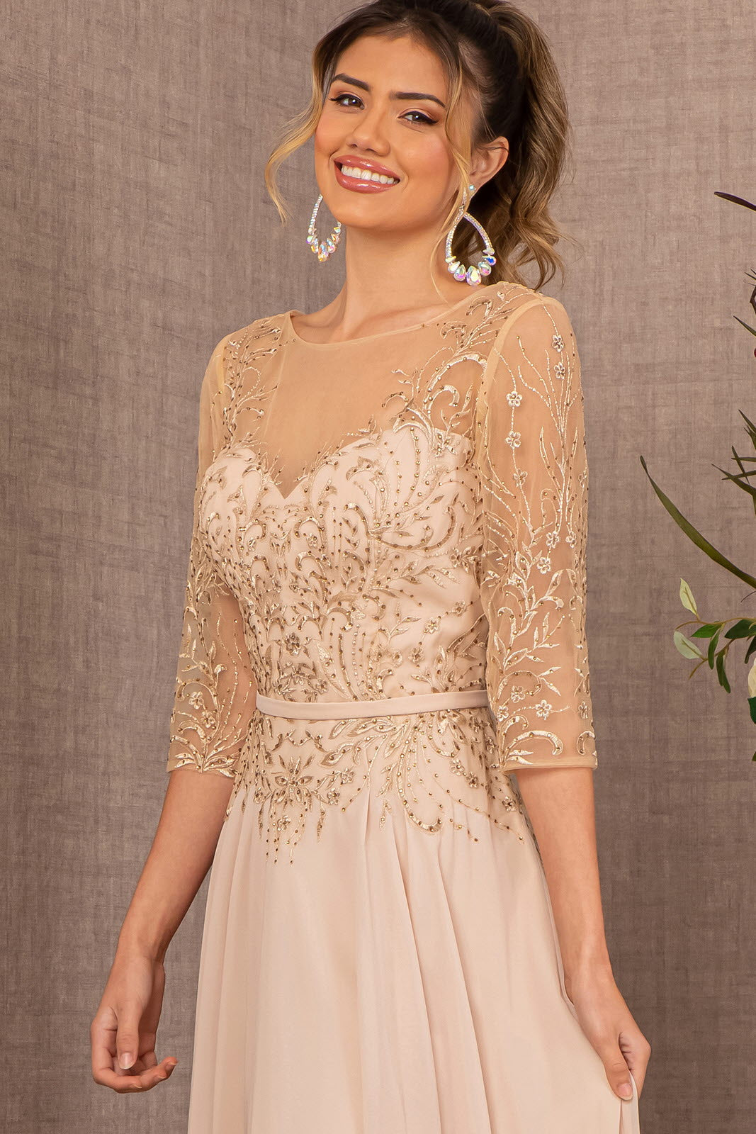 Beads Embellished Embroidered Chiffon A-line Dress 3/4 Sleeves GLGL3066 Elsy Style MOTHER OF BRIDE