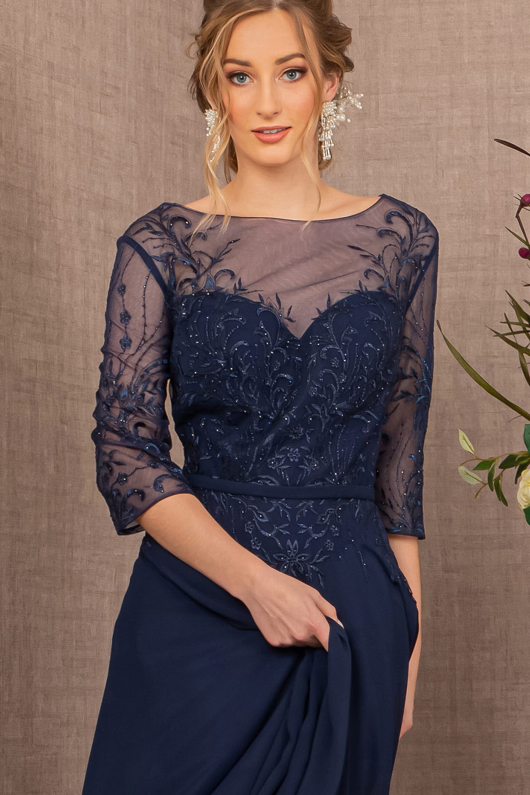 Beads Embellished Embroidered Chiffon A-line Dress 3/4 Sleeves GLGL3066 Elsy Style MOTHER OF BRIDE