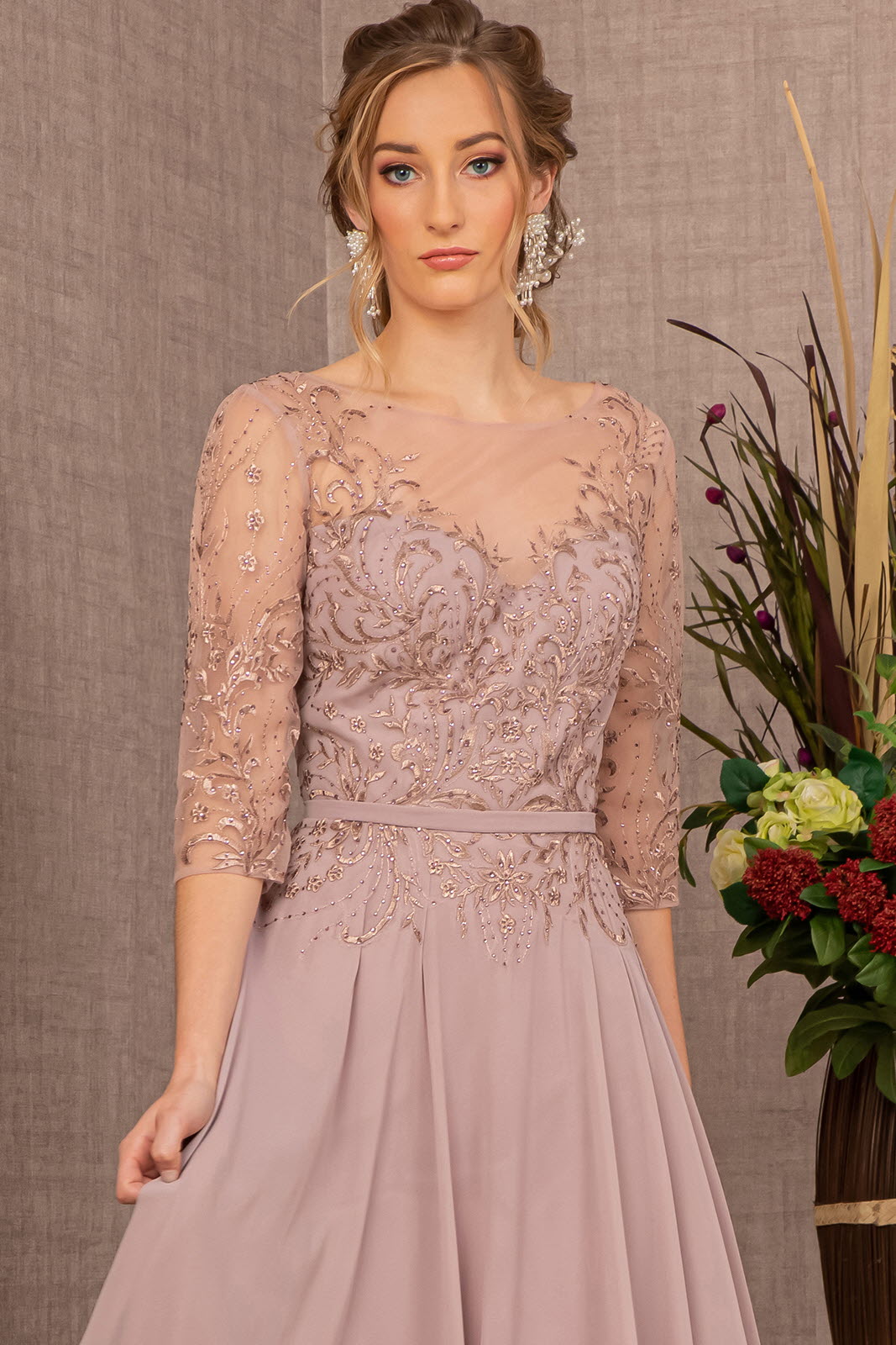 Beads Embellished Embroidered Chiffon A-line Dress 3/4 Sleeves GLGL3066 Elsy Style MOTHER OF BRIDE