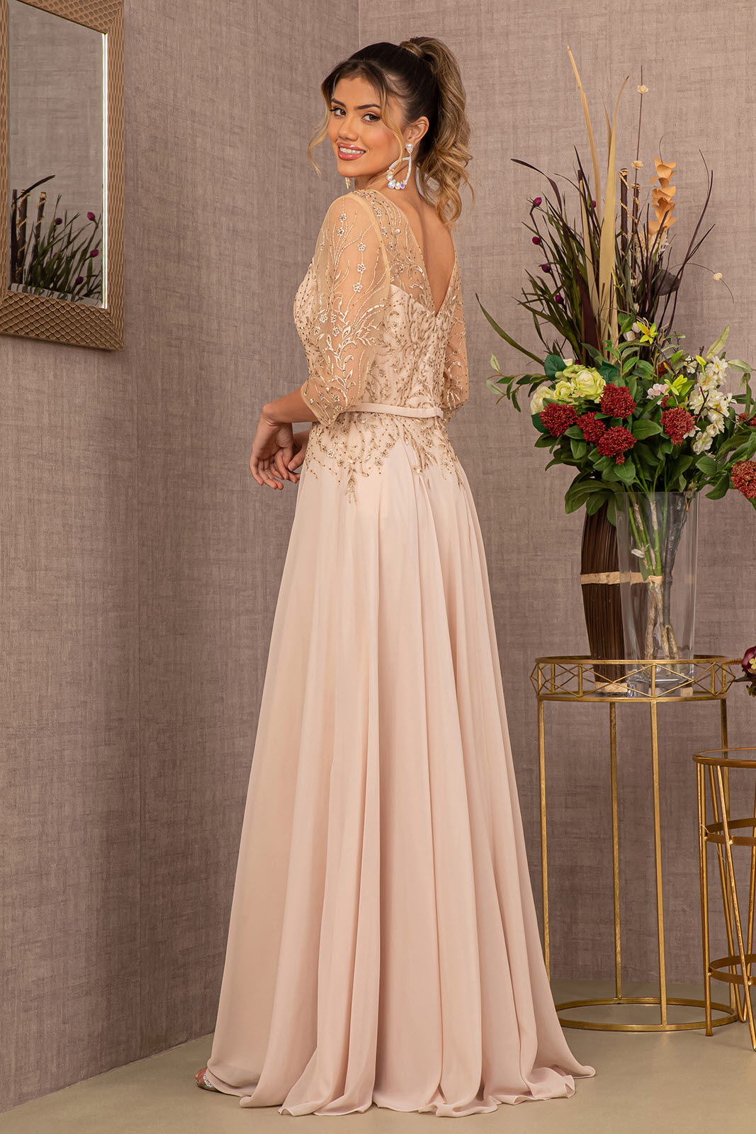 Beads Embellished Embroidered Chiffon A-line Dress 3/4 Sleeves GLGL3066 Elsy Style MOTHER OF BRIDE