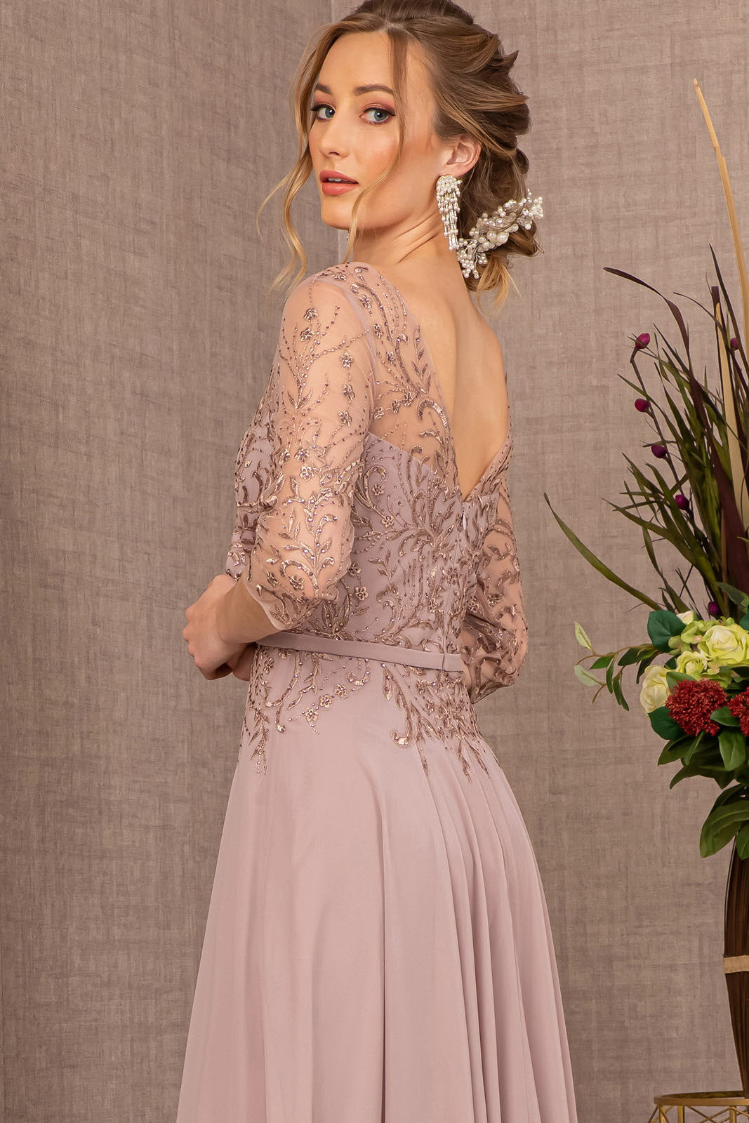 Beads Embellished Embroidered Chiffon A-line Dress 3/4 Sleeves GLGL3066 Elsy Style MOTHER OF BRIDE