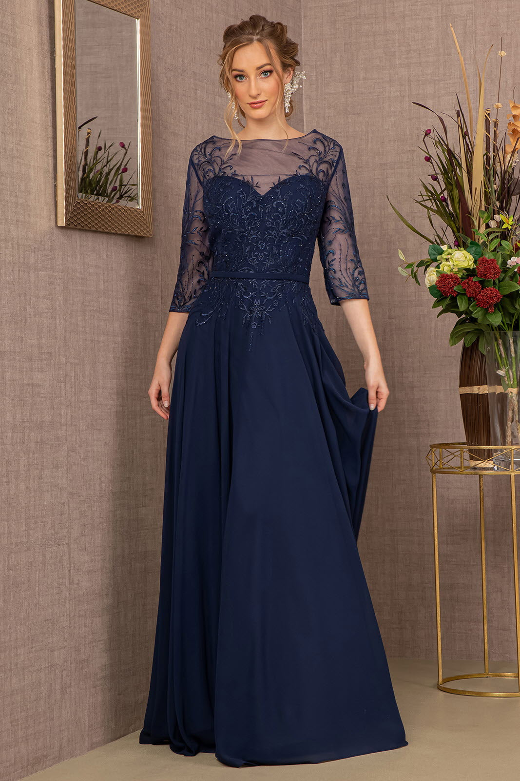 Beads Embellished Embroidered Chiffon A-line Dress 3/4 Sleeves GLGL3066 Elsy Style MOTHER OF BRIDE