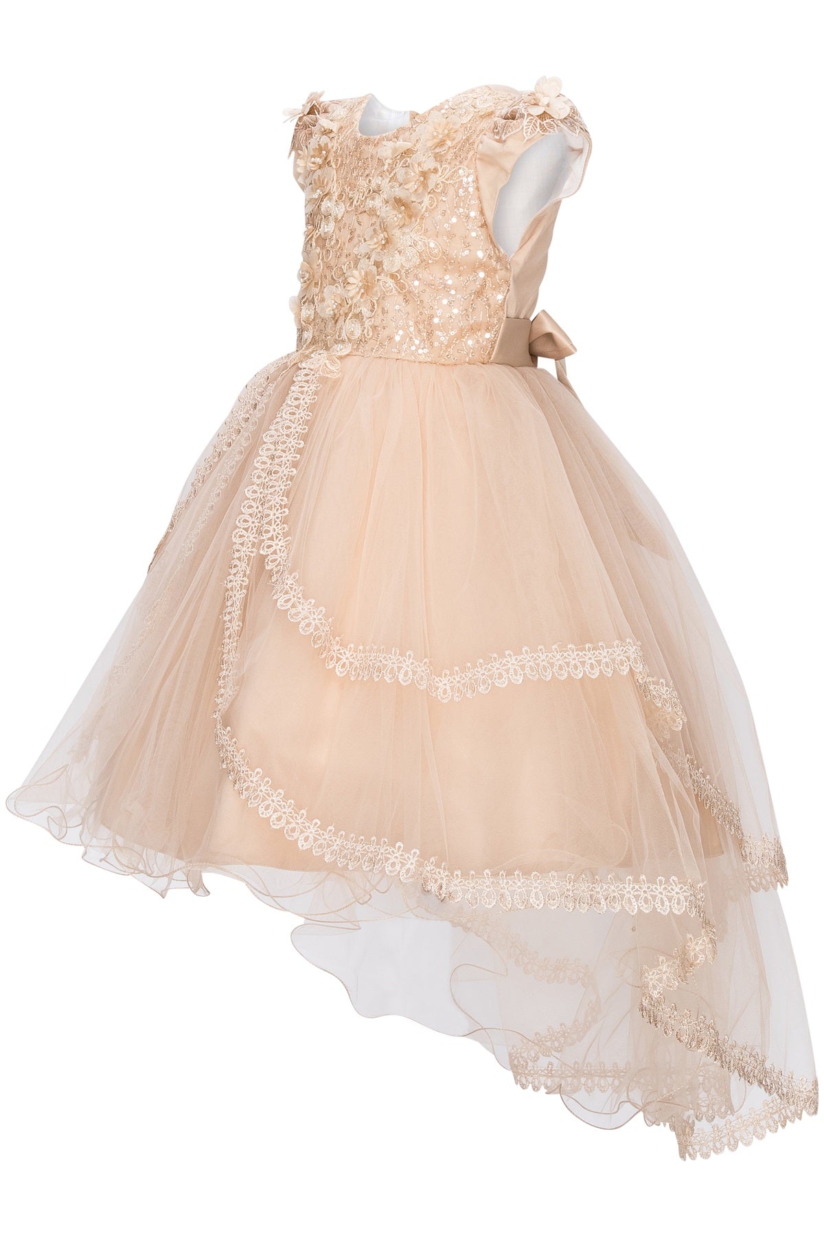 Beautiful Lace Decorated Sequin Lace Top Cap Sleeves Long Kids Dress CU9123 Elsy Style Kids Dress