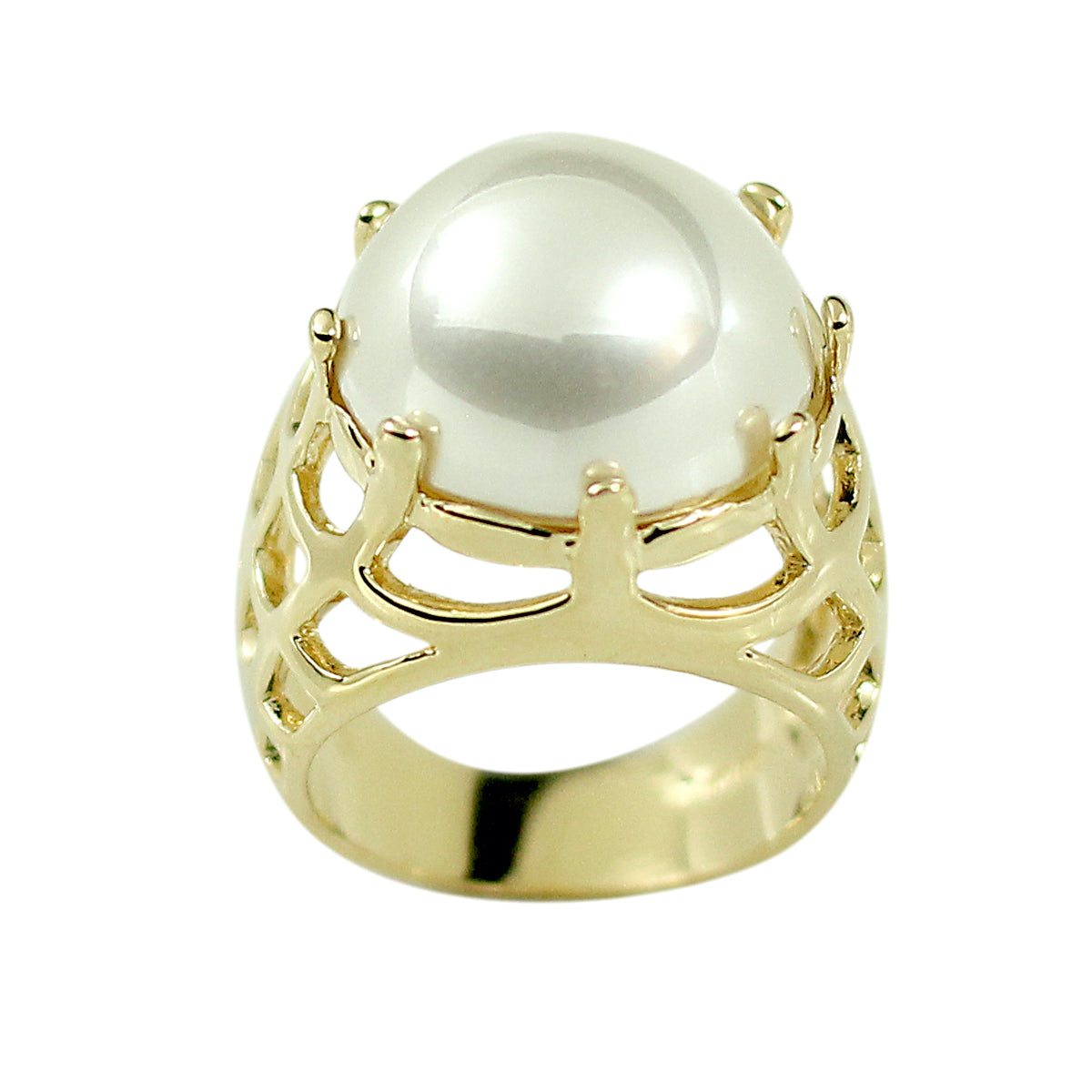 Beautiful Round Cabochon Cut Simulated Pearl Caged Detail Ring Elsy Style Ring