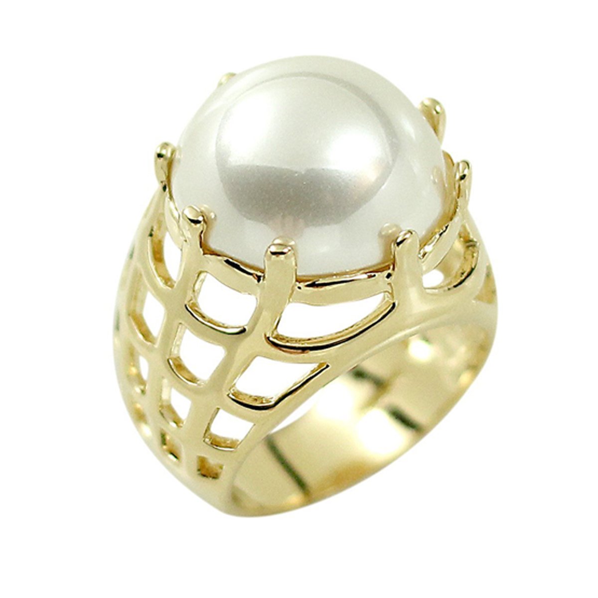 Beautiful Round Cabochon Cut Simulated Pearl Caged Detail Ring Elsy Style Ring