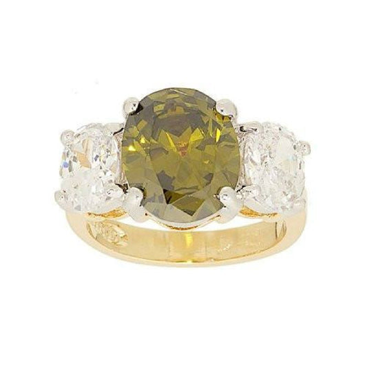 Big Three Stone Ring in Oval Cut Olivine Cubic Zirconia Elsy Style Ring