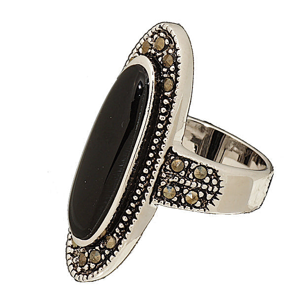 Black Onyx and Marcasite Statement Fashion Ring in Rhodium Elsy Style Ring