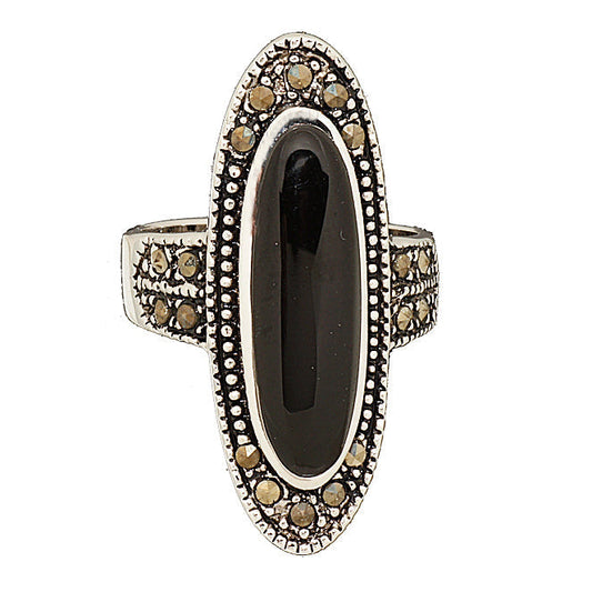 Black Onyx and Marcasite Statement Fashion Ring in Rhodium Elsy Style Ring