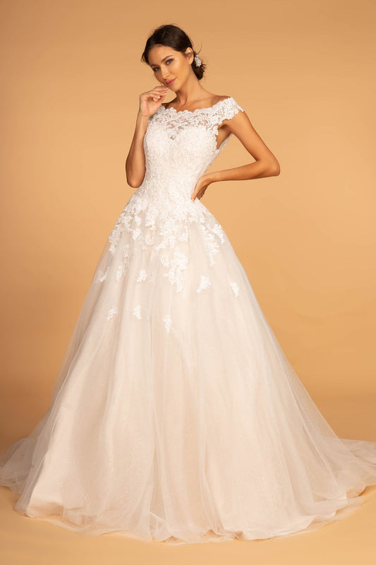 Boat-Neck Embroidered Mesh A-Line Wedding Gown GLGL2596 Elsy Style WEDDING GOWNS