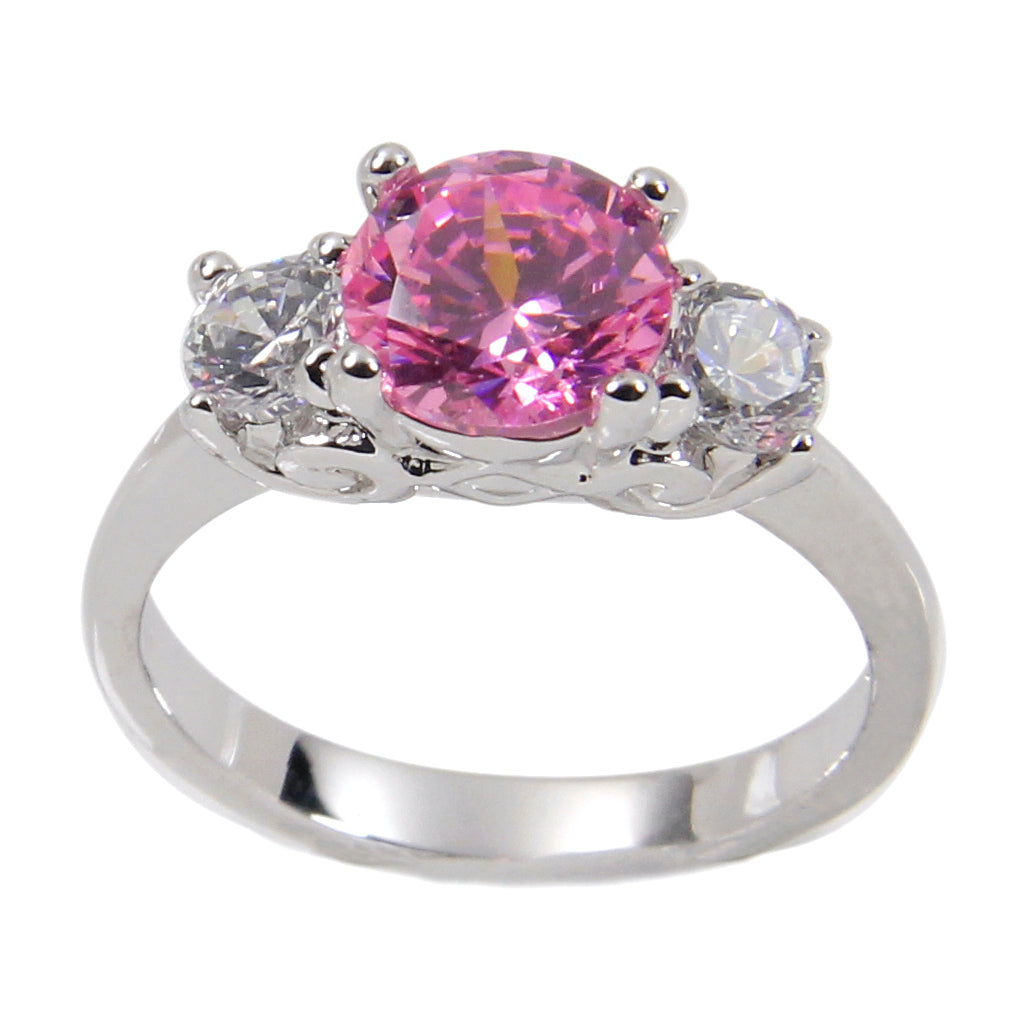 Brilliant Sterling Silver Engagement Style Three Stone Pink and Clear CZ Elsy Style Ring