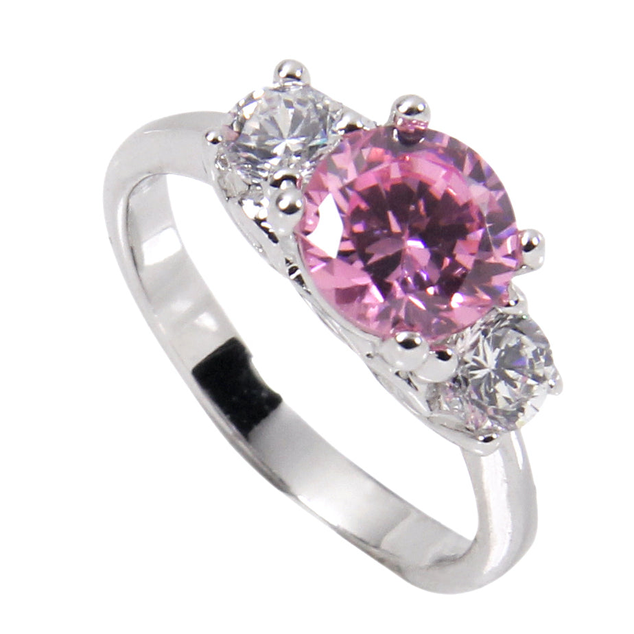 Brilliant Sterling Silver Engagement Style Three Stone Pink and Clear CZ Elsy Style Ring