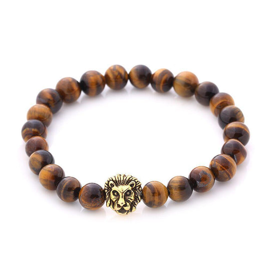 Brown Natural Stone Lion Head Stretch 18K Gold Plated Bracelet ITALY Design Elsy Style Bracelet