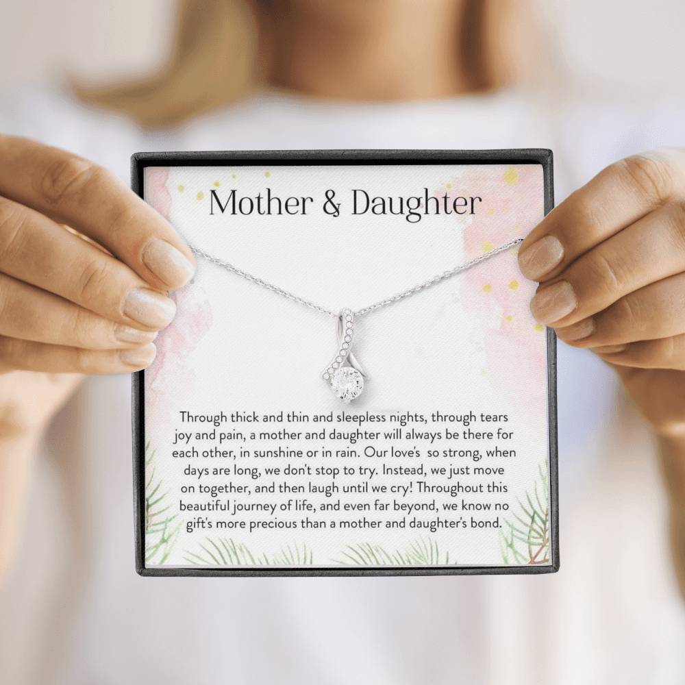 CARD#1-mother-daughter 18K White Gold Plated Ribbon Love Necklace made with  Crystals Elsy Style Jewelry